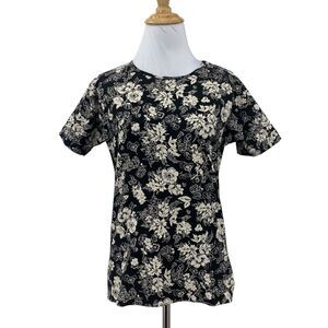 Eddie Bauer Shirt Womens S Small Black Beige Floral Short Sleeve Crew Stretch
